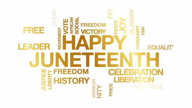 Happy juneteenth concept Animated Tag Word Cloud kinetic typography, Text Design Animation typography seamless loop video motion graphics Intro Wordart arrangement golden type on white background bg 