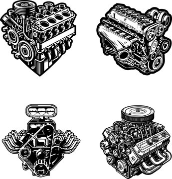Car engine motor block and automotive parts vector illustration set