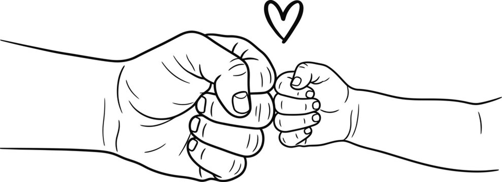 A line art illustration of a father and baby fist bump with a heart symbol.