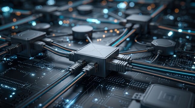 Close-up view of a complex network of interconnected cables and electronic components