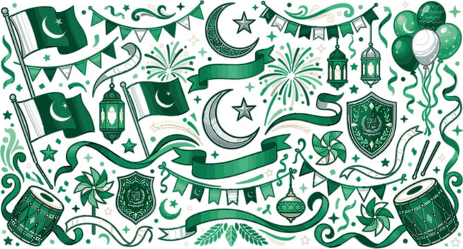 Pakistan Independence Day Celebration Illustration with National Flags, Crescent Moon, Fireworks, Lanterns, Balloons, and Patriotic Festival Decoration Elements