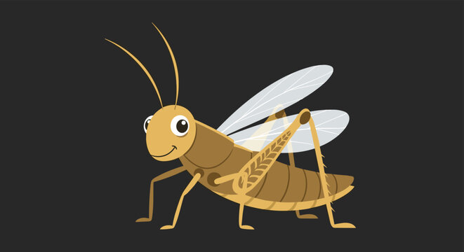 Cheerful cartoon grasshopper illustration with large eyes and a friendly smile, isolated on a dark grey background for educational purposes.