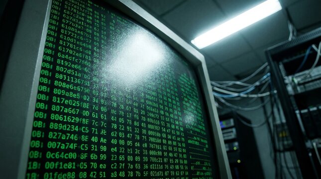 Close-up of old computer monitor displaying green digital code in server room