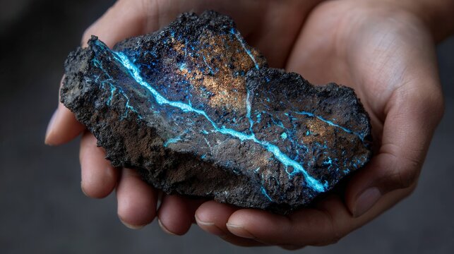 Hands holding glowing blue vein rock, field geologist inspecting luminous ore sample under soft daylight, textured basalt exterior, neon fissure revealing crystalline structure, investigative mood,