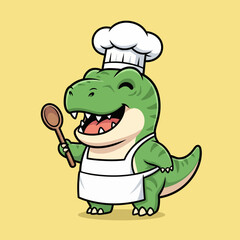 Cute Cartoon T Rex Dinosaur Chef Holding Wooden Spoon. © Arviz