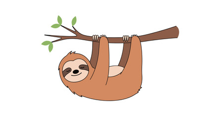 Fototapeta premium Adorable sloth smiling while hanging from a tree branch with green leaves on a simple white background in a cute cartoon style.