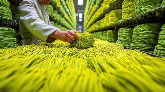 Closeup neon cables being carefully organized among racks, hands guiding lime coils into orderly bundles, highcontrast textures and focused technician movements conveying precision and efficiency
