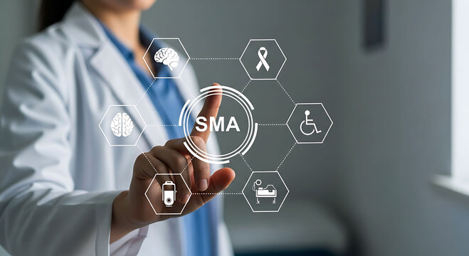 Doctor pointing at spinal muscular atrophy SMA disease futuristic interface