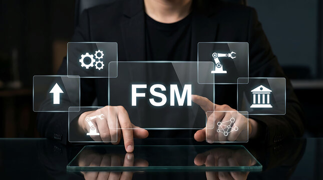 Business person interacting with FSM system digital interface concept