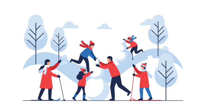 Group of people and children in warm winter clothes playing outside in the snow and building a snowman in a beautiful forest landscape.