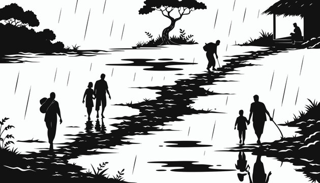 Rainy Rural Path with Families Walking &mdash; Silhouette Scene for Climate Vulnerability, Community & Shared Journey
