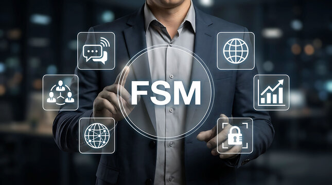 Business professional touching virtual screen with acronym FSM concept