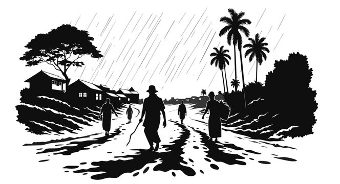 Rural Village Path in Rain &mdash; Silhouette Scene with Palm Trees, Huts & Walkers for Climate Resilience & Community Life
