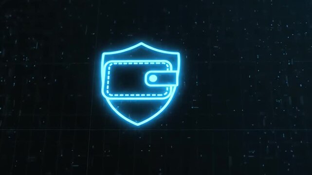 Neon blue shield icon, cybersecurity symbol, glowing protection sign, futuristic safety logo