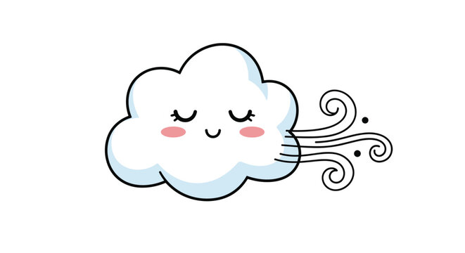 Cute smiling white cloud with rosy cheeks and closed eyes blowing gentle wind swirls on a plain white background.