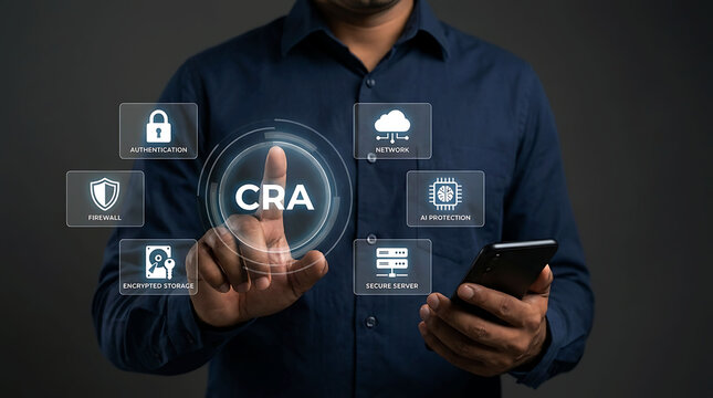 Cybersecurity concept with CRA text and digital network protection icons