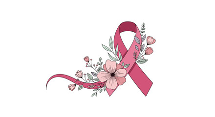Fototapeta premium Elegant pink ribbon for breast cancer awareness decorated with beautiful hand drawn flowers and leaves for charity and health.