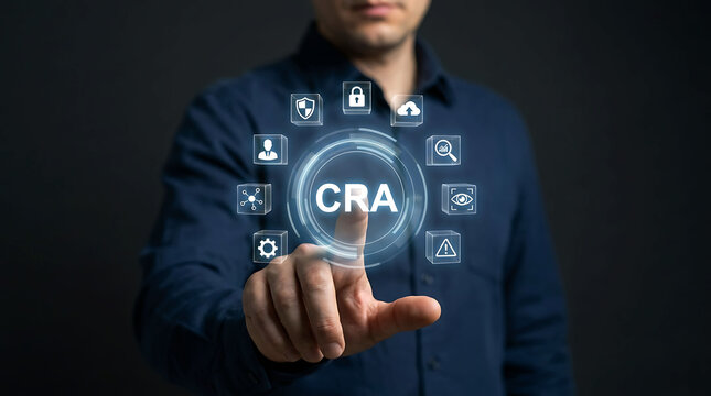 Man pressing virtual button with CRA acronym for cyber risk assessment