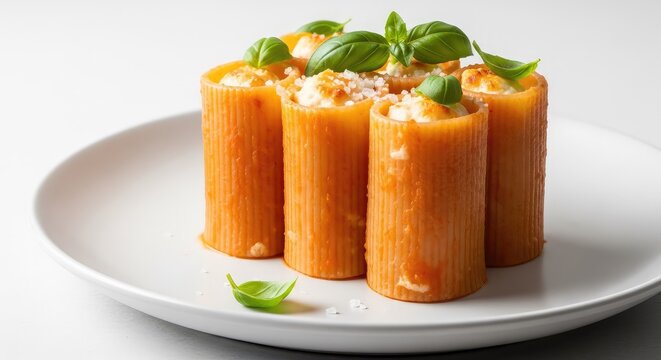 Elegant upright paccheri pasta tubes filled with savory cheese, topped with fresh basil sprigs and sea salt on a minimalist ceramic plate, delicious, salt, fresh