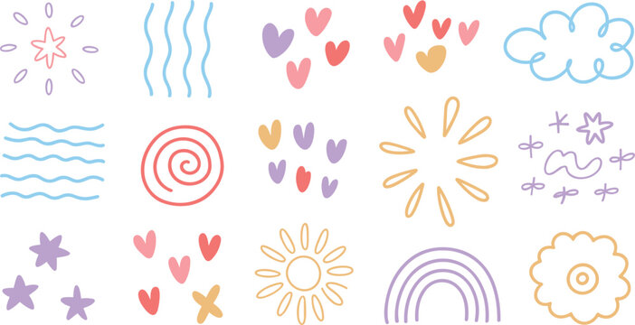 Cute Doodle Sun Rainbow and Heart Shape Vector Element Set with Hand Drawn Scribbles for Nursery Decor, Kids Projects, and Greeting Card Designs