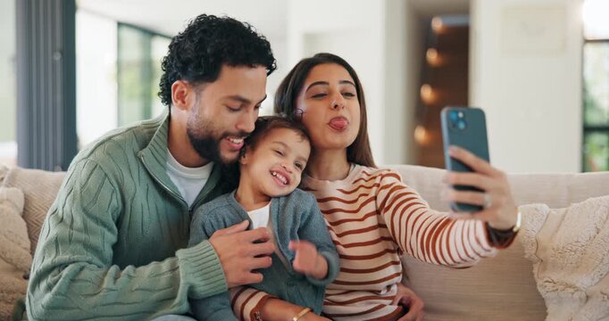 Happy family, toddler or sofa with selfie in home for picture, memory or social media post together. Mom, dad or child with smile, silly face or tongue out for capture moment or photography in house