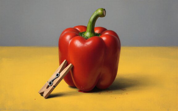 Red pepper with clothespin yellow background minimalist still life