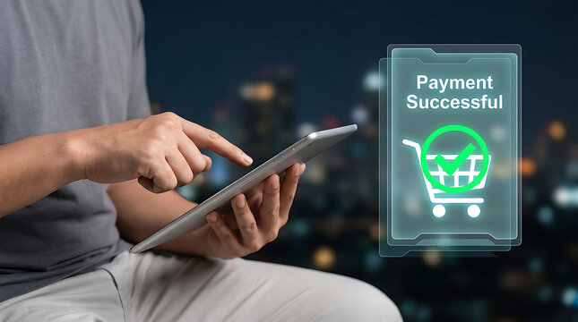 Man using a digital tablet to make a successful online payment transaction with a virtual shopping cart confirmation