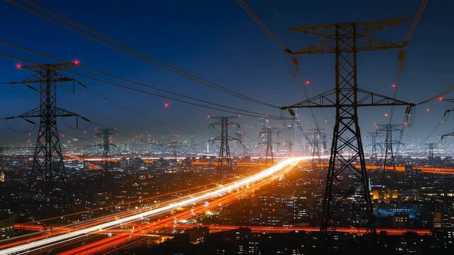 High voltage power lines over a city at night