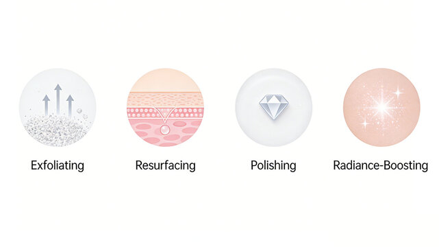 Displaying icons of exfoliating, revitalizing, polishing, and brightening effects, representing the skincare concept of improving roughness and dullness, and creating translucent and even skin.
