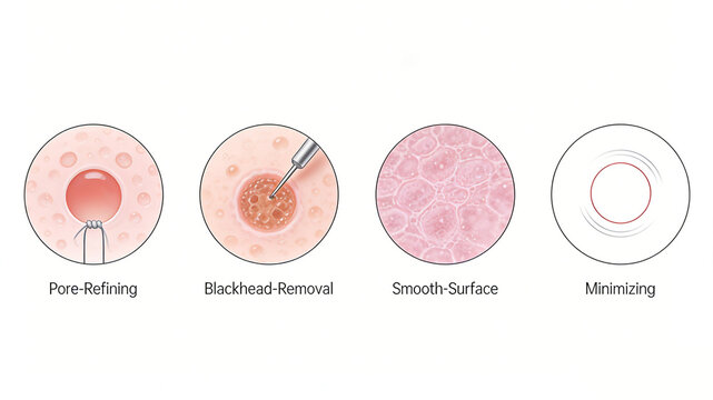 Display icons for reducing pores, removing blackheads, smoothing the skin, and shrinking pores, representing a cleansing skincare concept that improves the problem of enlarged pores.
