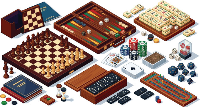Isometric board game vector set with chess backgammon mahjong cards and entertainment accessories isolated on white