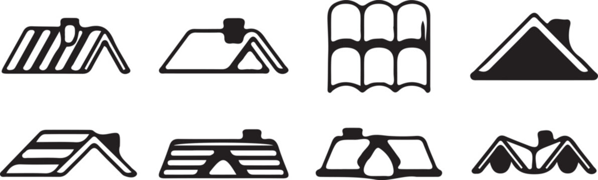 Roofing icons set diverse house roof styles in black and white