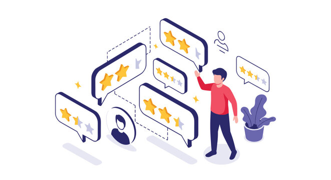Man interacting with several five star rating feedback speech bubbles representing customer satisfaction and reviews.