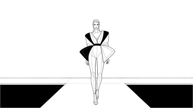 Fashion model walks confidently down 2D CAD designed runway