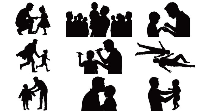Silhouette collection of warm father and child moments including holding hands paper airplanes flying and tender forehead kiss