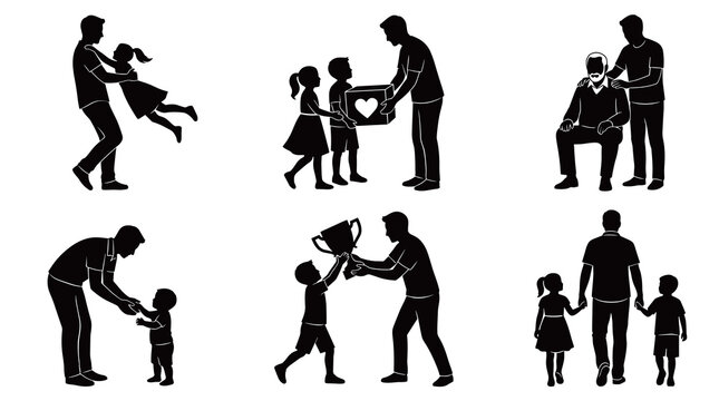Silhouette vector illustrations of father holding hands walking celebrating trophy success and giving heart gift to children