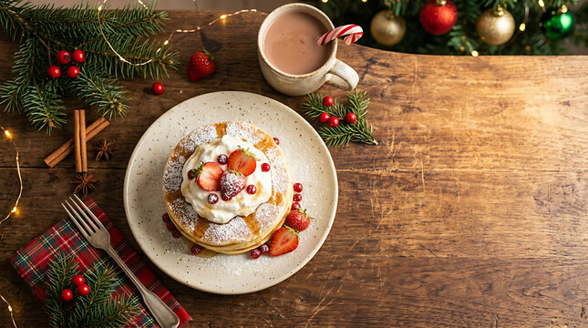 Stack of delicious holiday pancakes with strawberries and whipped cream served on a rustic wooden table for a festive breakfast.