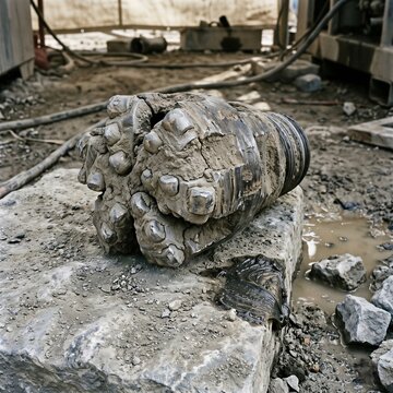 Worn tricone drill bit sitting on a dirty concrete slab surrounded by muddy ground and heavy drilling infrastructure