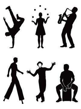 Entertainers and street performers silhouettes collection including breakdancer juggler saxophonist stilt walker mime and drummer