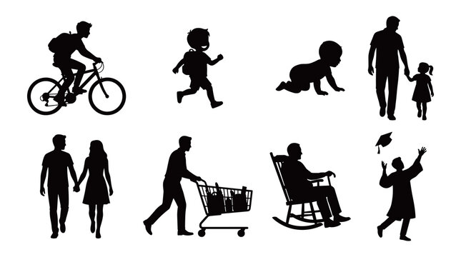 Human life cycle and daily activities silhouettes from crawling baby child running student cycling adult couple shopping to senior