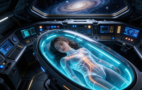 Beautiful female astronaut inside a glowing hibernation stasis pod on a