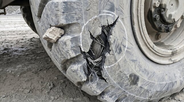 Damaged loader tire featuring a massive rubber gash exposing broken steel belts marked by a white inspection circle