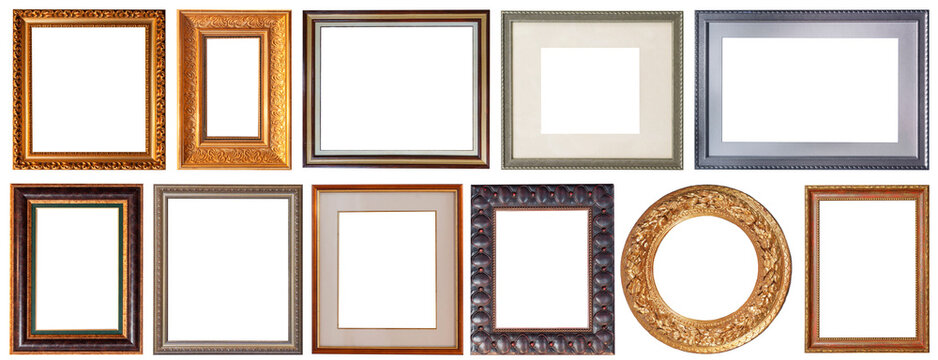 Set of picture frames isolated on white background antique carved gold