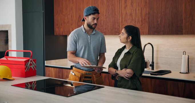 Woman, talk and plumber with clipboard at house for consultation, inspection and maintenance report. Person, technician and checklist for plumbing evaluation, damage assessment and pricing repairs