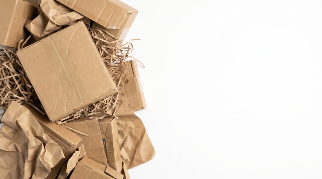 Recycled brown cardboard shipping boxes and paper packaging materials on the left of a white background with copy space
