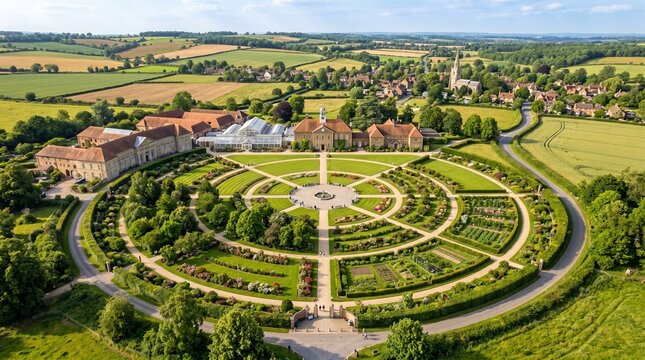 Aerial view of the Royal Saltworks showcasing gardens and buildings in a green landscape of France