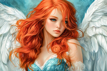 Obraz premium Colorful painted angel with vibrant wings, set against a mystical, swirling cosmic backdrop, symbolizing transformation and divine power.