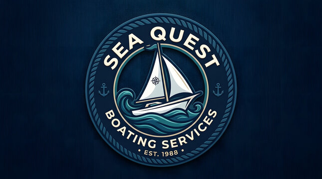 Illustrated nautical emblem for marine services, featuring a sailboat on ocean waves, a compass rose, and a decorative rope border, symbolizing maritime adventure and exploration