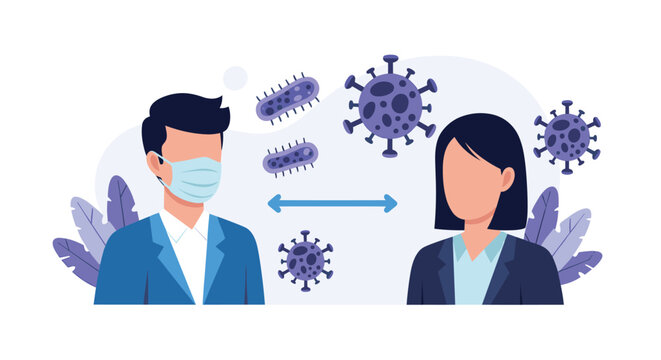 Business people wearing surgical masks standing at a safe distance from each other with purple viruses floating between them on a light purple background in flat style.
