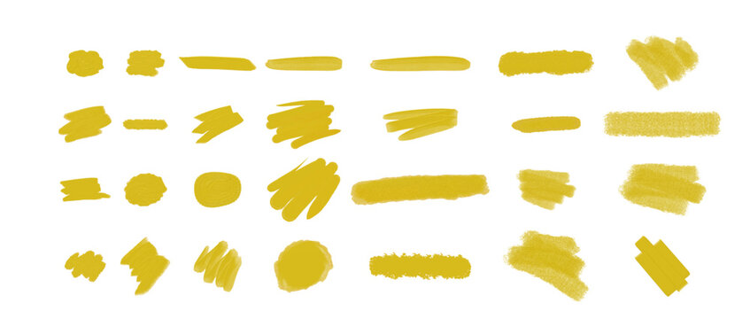 A variety of yellow brush strokes and circular shapes, showcasing different textures and application techniques for artistic design.